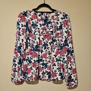 Loft Floral Ruffle Peplum Blouse - Pink & Navy - Size XS